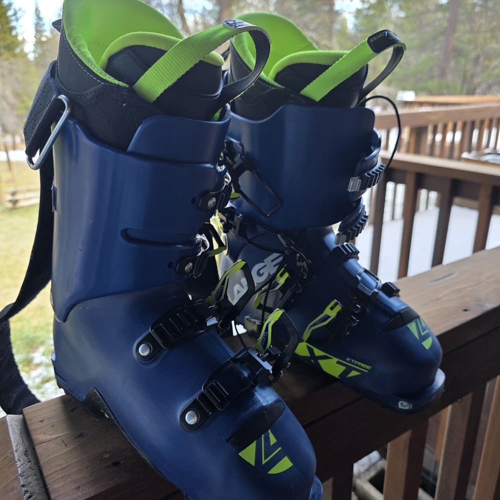 Blue and Green Ski Boots